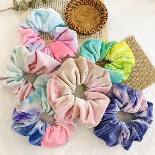 100% Cotton Tie Dye Velvet Scrunchies Girls Hippie Handmade Hair Scrunchies Rainbow Elastic Hair Bands Ponytail Holder Ties