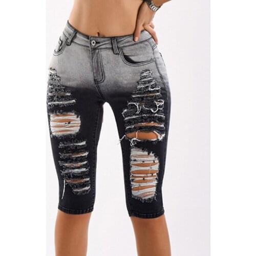Sexy Womens Middle Rise Stretchy Denim Shorts Knee Length Stretch Short Jeans Retro Distressed Summer pencil pants