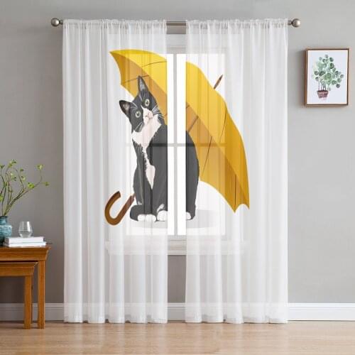 Umbrella Cat White Window Treatment Tulle Modern Sheer Curtains for Kitchen Living Room the Bedroom Curtains Decoration