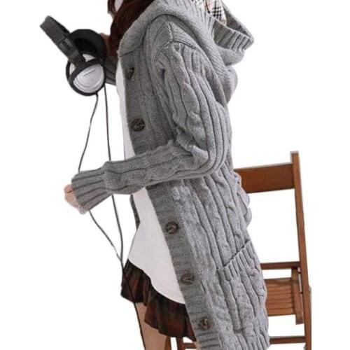 Hooded Knitted Cardigan Trench Coats Outwear Twisted Crocheted Sweater with Hat Belt Single-Breasted Long Sleeve Jacket Tops