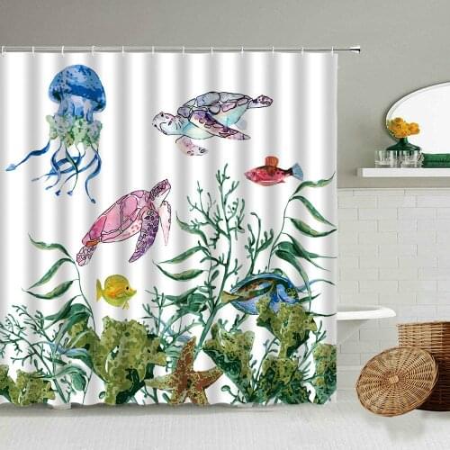 Water Colors Sea Turtle Jellyfish Fish Green Plant Shower Curtain Fun Child Bathroom Bathtub Blackout Waterproof Cloth Screen