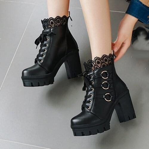 Womens shoes korean gothic shoes boots women Fashion Winter Lace Pure Color High-Heeled Women ankle Boots Party Shoes#g4