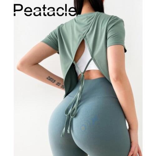Peatacle Yoga Tops Women Open Back Backless Workout Fitness Sports Wear Gym Shirt