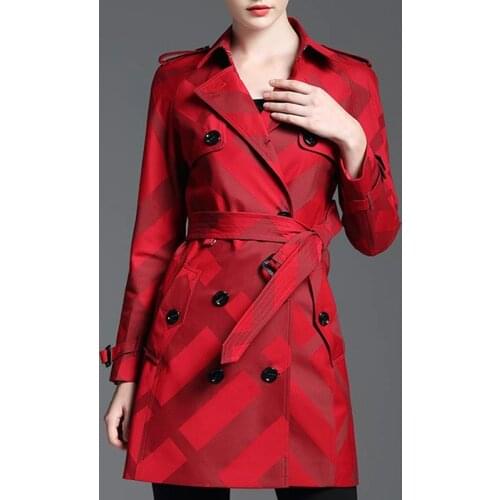 Womens Spring Trench Autumn Medium Length Coat Plaid Double-breasted Outerwear Luxury Belt Trench Lapel Long Sleeve Slim Trench