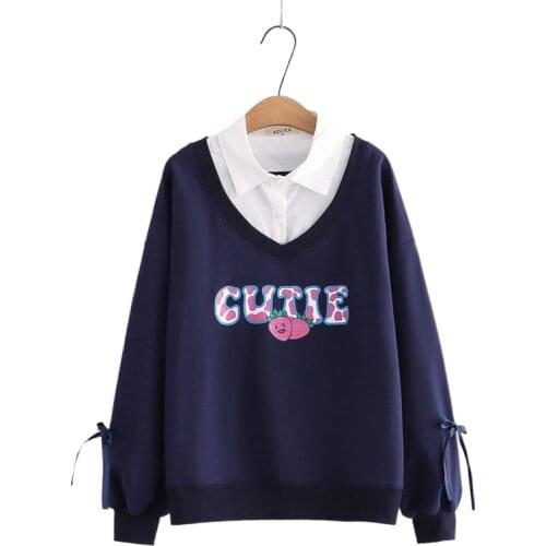 Womens Harajuku Letter Printed Sweatshirt Women Fake Two Piece Blouse Turndown Collar Long Sleeved Bottoming Pullover 2119476
