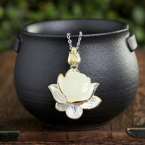 Pure 925 Sterling Silver color Natural Jade Lotus Pendant Necklace For Women Elegant & Luxury Pendant Necklace Fine Jewelry Gift