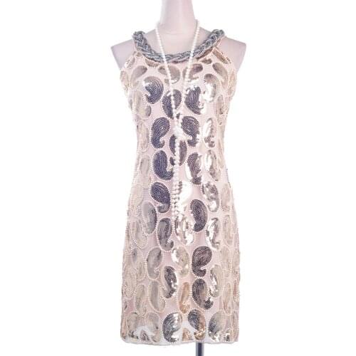 Gold Retro Sexy Women Flapper Dress Great Gatsby Sequins Dress Beaded Art Deco 20s O-Neck Beaded Cocktail Party Dress Sleeveless