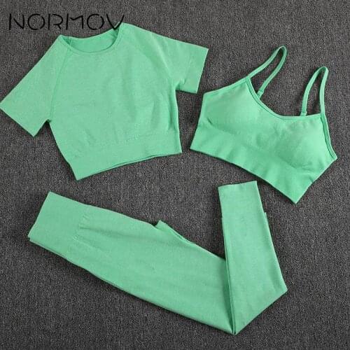 NORMOV 3Pcs Seamless Fitness Set Push Up Sportswear Solid Sport Bra Short Sleeve Top Yoga Leggings Gym Suits Yoga Set