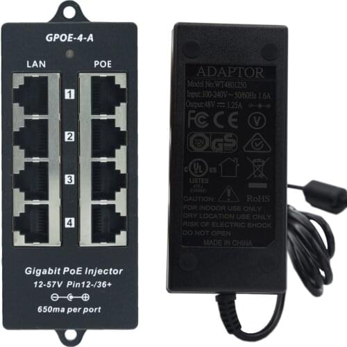 4 Port Gigabit Power over Ethernet PoE Injector for 802.3af/Passive 802.3at Devices with 48v60w Power Supply: GPOE-4A-48v60w