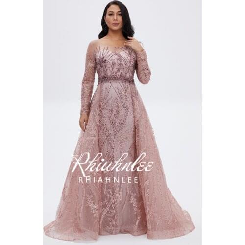 Sparkle Long Sleeves Beading Pink Formal Dress Luxury Scoop Neckline Crystal For Women Party Real Styles Rhiahnlee