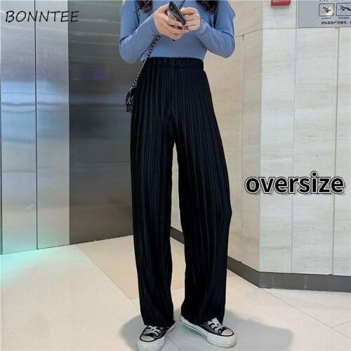 Pants Women Preppy Clothing Full Length Trousers Streetwear Large Size Pleated Loose Solid All-match Casual Trendy Female Ladies