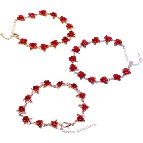 22cm Rose Gold Color Link Chain Romantic Bracelet with Red Enamel Rose Jewelry Valentine Gift for Lover