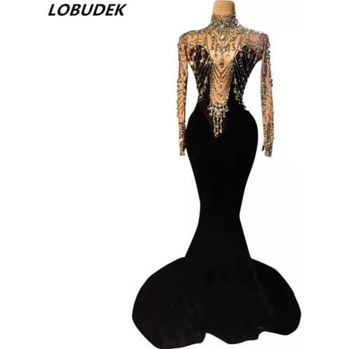 Elegant Wedding Party Rhinestones Velvet Mermaid Dress Women Sexy Evening Prom Crystal Trailing Dress Singer Host Stage Costumes