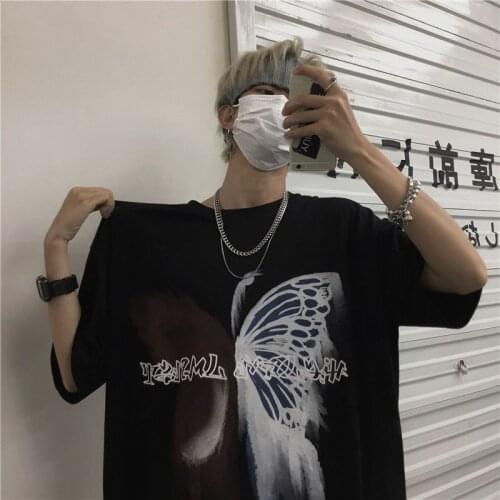 Butterfly graffiti printed t-shirt couple oversized t-shirts 2021 summer new Korean high street hip-hop BF style loose clothes