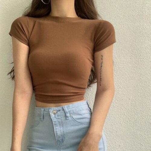 LJSXLS Solid Basic Short Sleeve Women Tshirt Casual Khaki Slim Tees Fashion Crop Top T Shirt Ladies Solid Korean Tee Shirt Femme