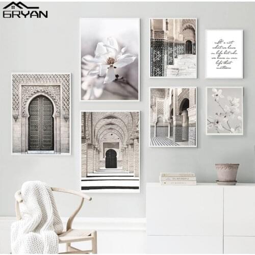 Islamic Muslim Mosque Architecture Canvas Print Painting Moroccan Arch Gate White Flowers Poster Casablanca Palace Picture Decor
