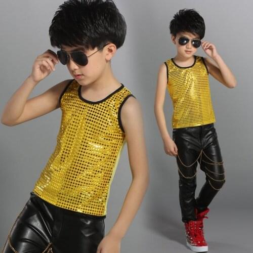 Jazz Costume Boys Golden Sequined Vest Tops Hip Hop Dance Clothes Kids Street Dancer Stage Show Dancewear Rave Outfit DN2957