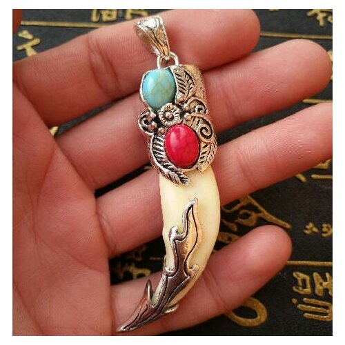 Langya Pendant Tibet Silver Turquoise Amulet Pendant,Braided Rope Necklace Wolf Tooth Pendant Gift