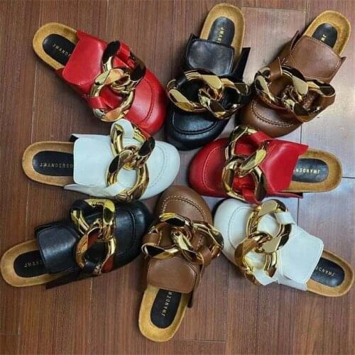 2021 Fashion Summer Women Leather Mules Slippers Platform Metal Chain Slides Lady Slaps Luxury Replica Designer Luxury Red Shoes