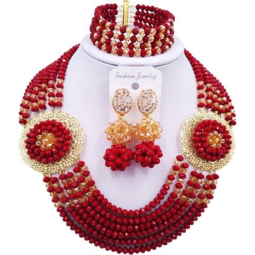 New Design Opaque Dark Red Champagne Gold AB Engagement or Wedding Jewelry Sets 6C-SPHJZ-13