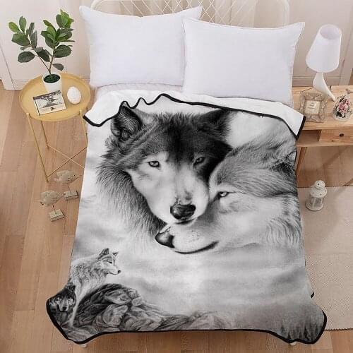 Couple Blanket Teens 3D Digital Wolf Lovers Printed Black/Gray Fleece Lightweight Thin Blanket for Kids Boys Girl 150x200cm