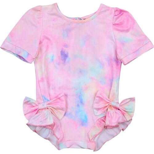 Toddler Baby Girl Cute Romper Pink Tie Dye Print Puff Short Sleeve Bows Playsuit