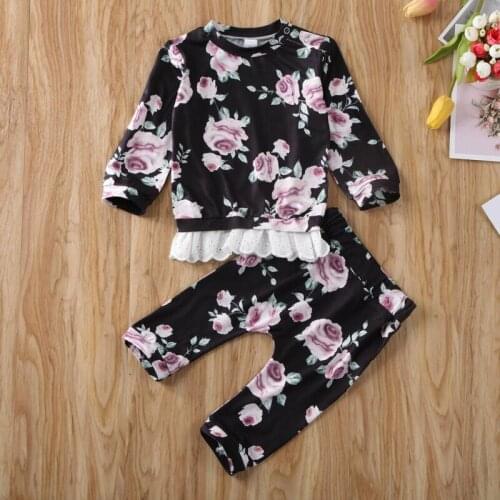 Newborn Baby Girls Flower Lace Tops Pullover T-shirt+ Elastic Pants Autumn Winter Toddler Cotton Clothes 2PCS Suit