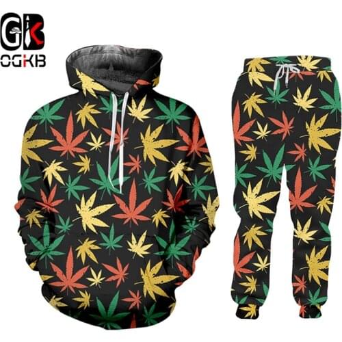 OGKB 2-pcs Sets 3D Printed Color Leaves Tracksuit Autumn Winter Men Hoodies And Pants Suits New Weeds Maple Leaf Couple Clothing