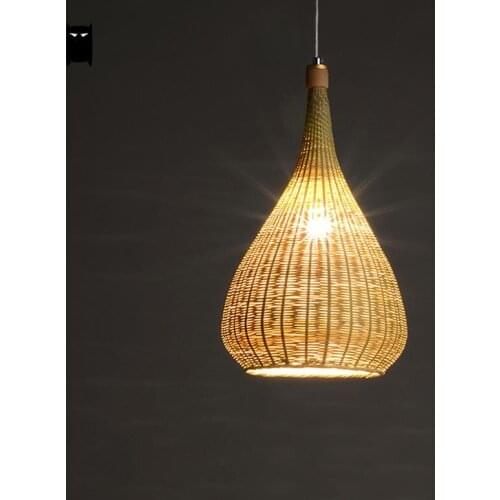 Delicate Original Bamboo Wicker Rattan Lampshade Hand-Woven Craft Funnel Pendant Light Fixture Asian Rustic Japanese Lamp Design