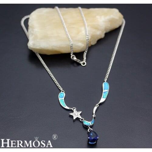 Hermosa Dreamy Fire Australian Opal Star & Moon Design Elegant Womens Jewelry Silver Color Pendant Necklace 19 Inch