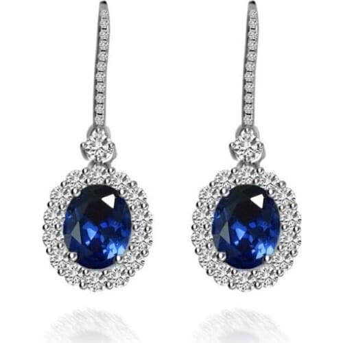 Luxury Solid 925 Sterling Silver Oval 7*9mm Created Moissanite Sapphire Drop Earrings Dangle Earrings For Women Elegant Wedding
