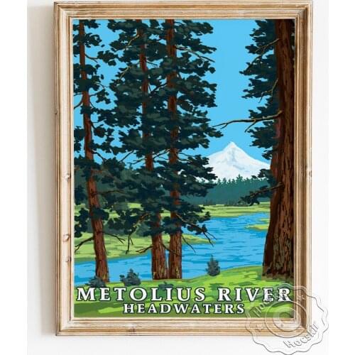 America Oregon Travel Scenic Spot Poster, Metolius River Headwaters Scenery Publicity Canvas Painting, Modern Landscape Wall Art
