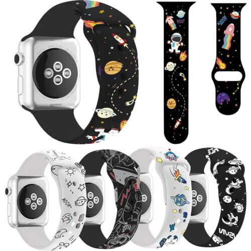 Silicone Strap for Apple Watch Band 44mm 40mm 38mm 42mm Cartoon Astronaut Print Watch Band Correa Bracelet for IWatch 3 4 5 6 Se