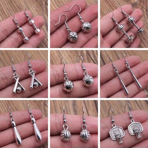 Sport Earrings Jewelry Vintage Volleyball Soccer Basketball Baseball Barbell Shaped Dangle Drop Earring For Women Girls