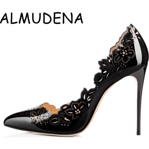 Hollow Out Flower Patent Leather Pointed Toe Shallow Thin High Women Shose Classical Basic Wedding Banquet Pumps