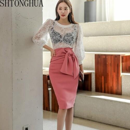 Korea Womens Summer 2 Pieces Set Sexy Perspective Lace Top + High Waist Bow Bodycon Pencil Skirt Office Lady Set