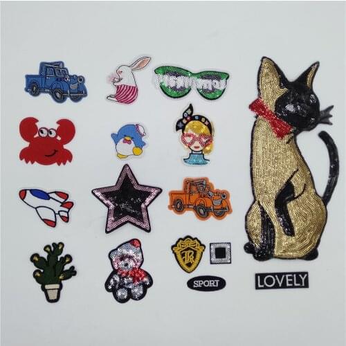 High quality Cartoon Cat Letter Iron Patches Sequins Appliqué DIY Girls T-shirt Badges Sewing Clothes Patching Accessories