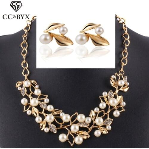 CC Jewelry Set Gold Necklace Drop Earring 2pcs For Women Crystal Pearl Pendant Leaf Shape Jewellry Statement Necklaces YH51