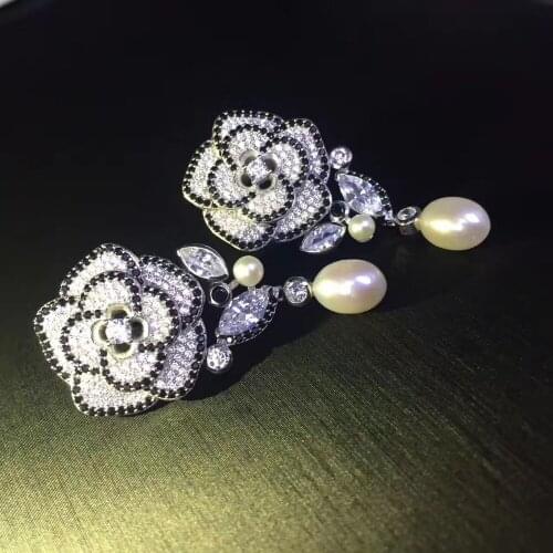 Natural fresh water drop earring 925 sterling silver with cubic zircon flower drop earring fashion women jewelry free shipping