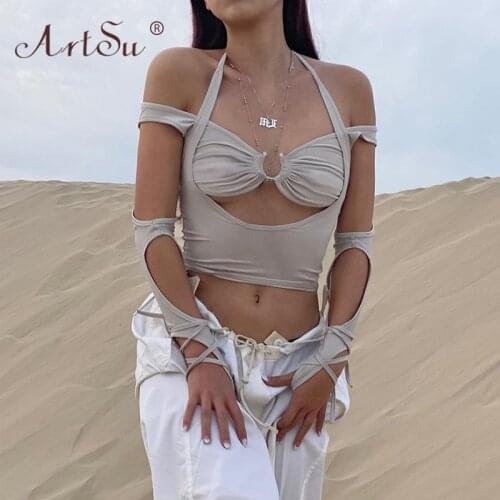 ArtSu Women Summer Halter Off Shoulder Black Bandage Crop Top Sexy Tee Shirt Femme Gothic Hollow Out Streetwear Tops Tshirt