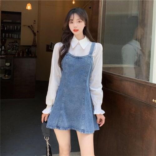 Women One Piece Korean Chic Long Sleeve Fake Two Pieces Oversize Autumn 2021 Feminine Vestidos Vintage Suspenders Denim Dresses