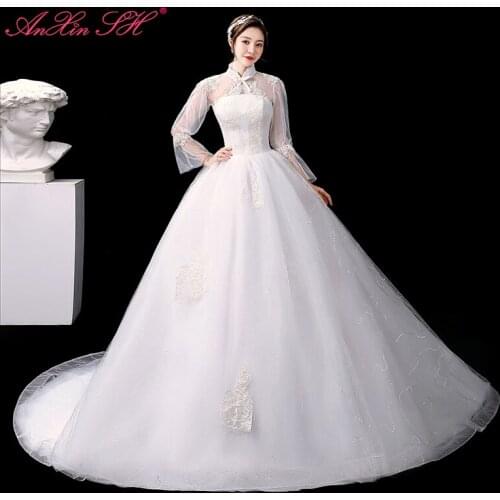 AXJFU princess flower lace bow white wedding dress party vintage high neck long flare sleeve bride winter white wedding dress