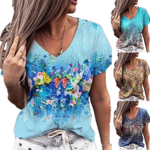 Women Summer Flower Printed Short Sleeve T-Shirt Sleeveless Tops Casual Loose Plus Size Vest Lady V-Neck Tops