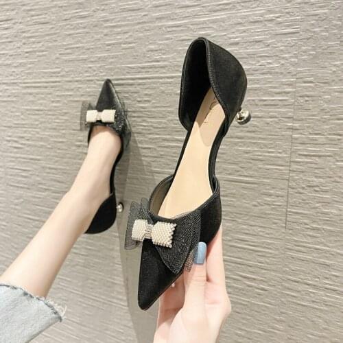 2021 Pearl Mesh bow-knot modern sandals women summer shoes woman pumps cut out thin heels pointed toe sandalias plus size 34-43