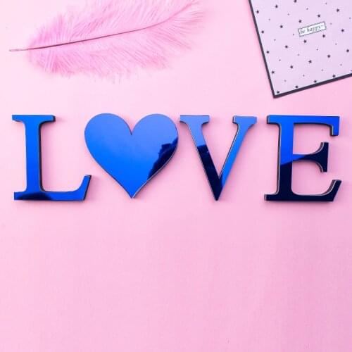 3D Blue English Letters Acrylic Mirror Surface Wall Sticker Peel & Stick Alphabet Poster Wedding Decoration DIY Art Mural