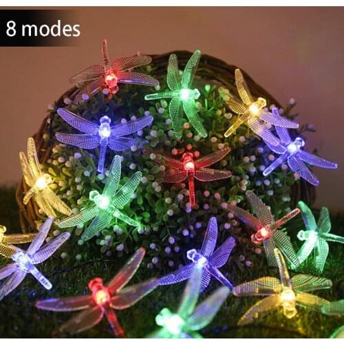 5M Outdoor Waterproof LED Dragonfly String Light Solar Panel Strip Light with 8 Lighting Modes Wedding Party Garden Decoration
