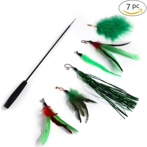 7Pcs Pet Cat Lovely Toy Pet Combination Set Feather Replacement Head Retractable Funny Cat Stick Green Toys Cat Supplies