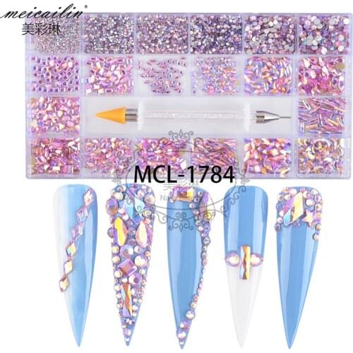 6680pcs+700pcs of Pink AB Crystal Multi Size Rhinestone Mix Shape Diamond Gem Box Set 3D Glitter Beauty Nail Art Decoration