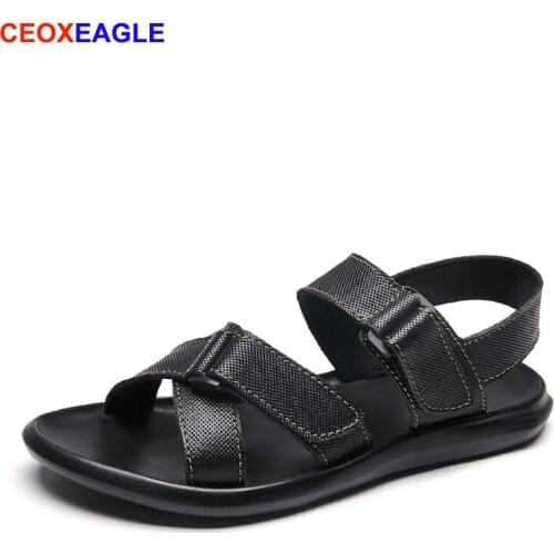 Brand Fashion Men Black Genuine Leather Sandals Man Summer Outdoor Breathable Shoe Roman Beach Open Toe Sandals Big Sizes 38-45