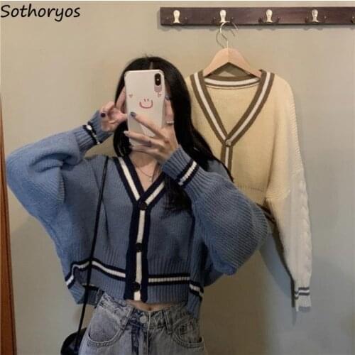 Women Cardigan Striped V-Neck Elegant Autumn Females Outwear Street Single Breasted Crop Top Leisure Chic Korean Style Soft Warm